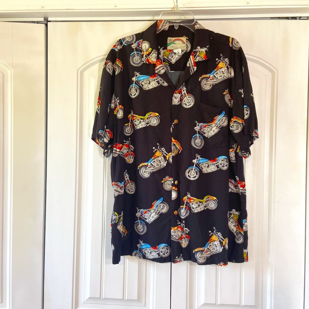 Paradise Found Hawaiian Shirt with Motorcycles Sz Large